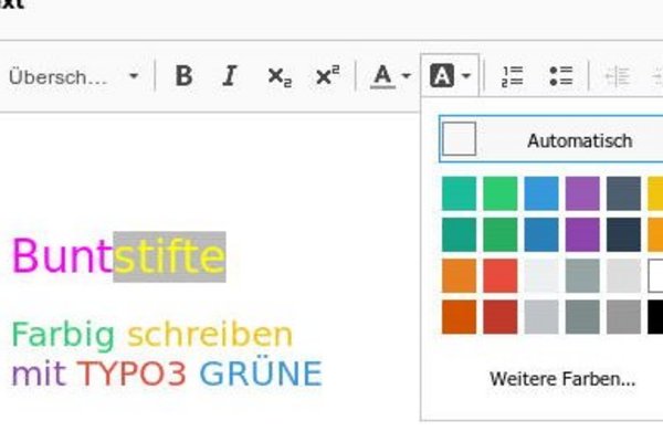 TYPO3 GRÜNE: Mit dem Rich-Text-Editor Color-Button Farben für Schriftfarben und -Hintergrund auswählen 