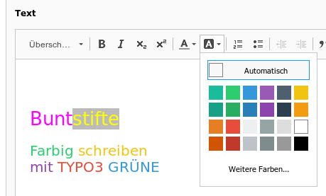 TYPO3 GRÜNE: Mit dem Rich-Text-Editor Color-Button Farben für Schriftfarben und -Hintergrund auswählen