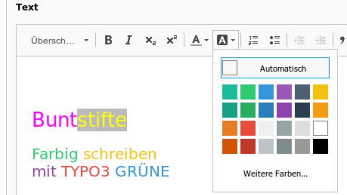 TYPO3 GRÜNE: Mit dem Rich-Text-Editor Color-Button Farben für Schriftfarben und -Hintergrund auswählen