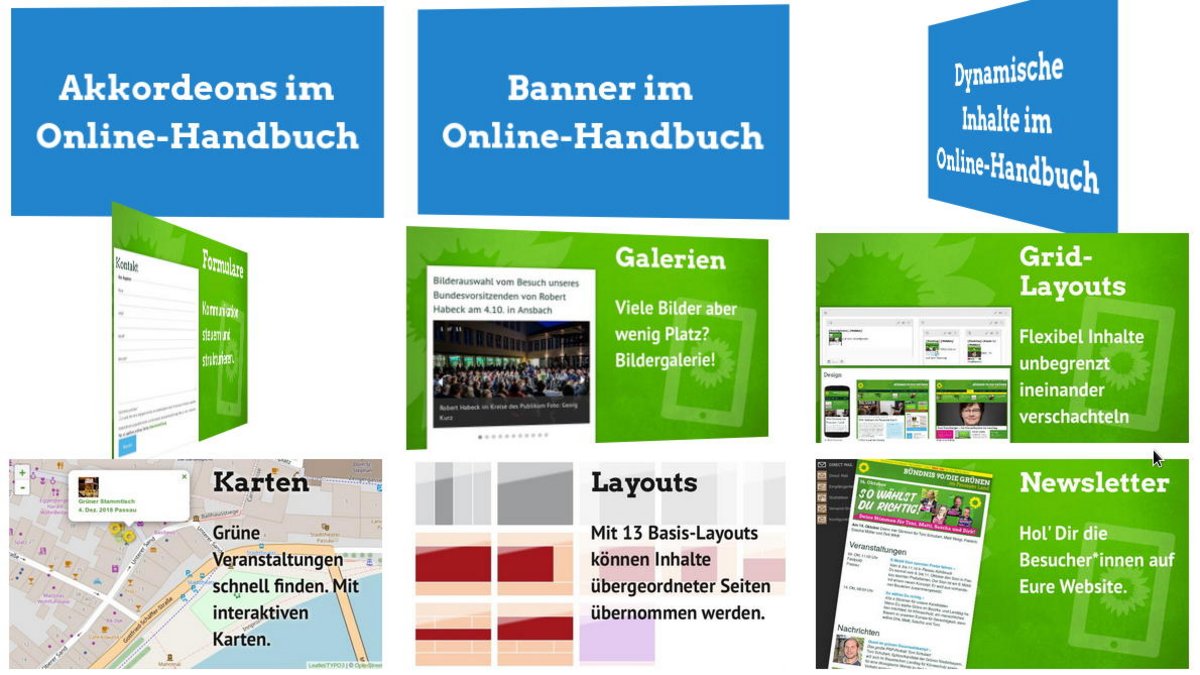 Rotate: Wenn Du eine Kachel berührst, zeigt diese ihre Rückseite. Hier mit Beispielen auf typo3-gruene.de.