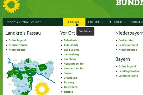 TYPO3 Mega-Menü: So kann ein Kreisverband die Grünen vom Gemeinderat bis zum Europäischen Parlament darstellen. 