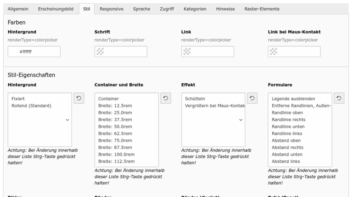 TYPO3 EXT:start: Inhaltselement mit dem Reiter [Stil] 