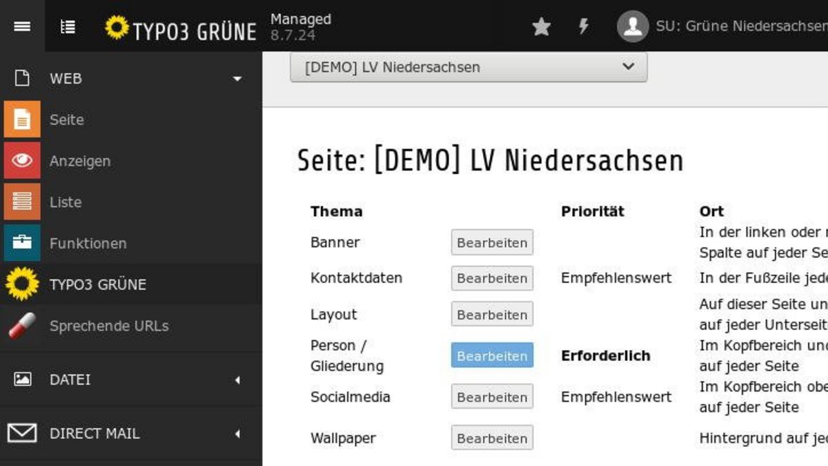 Schaltzentrale: das Modul TYPO3 GRÜNE. Ein Klick in der Modulleiste und Du bist bei den zentralen Einstellungen