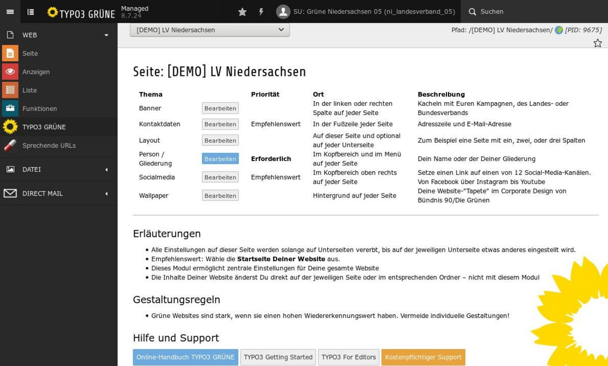 Schaltzentrale: das Modul TYPO3 GRÜNE. Ein Klick in der Modulleiste und Du bist bei den zentralen Einstellungen
